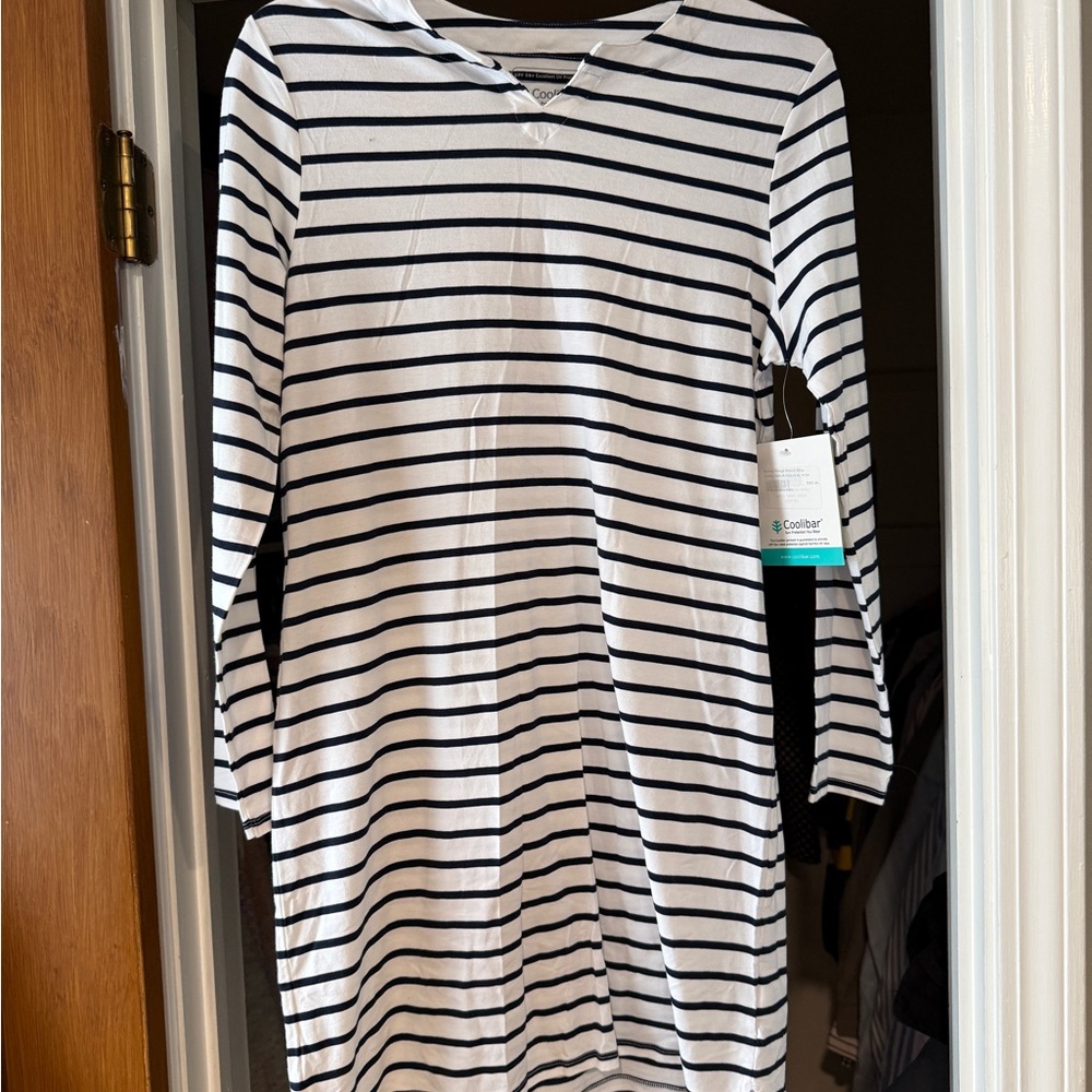 Coolibar Striped Long Sleeve Tunic Dress - White & Navy